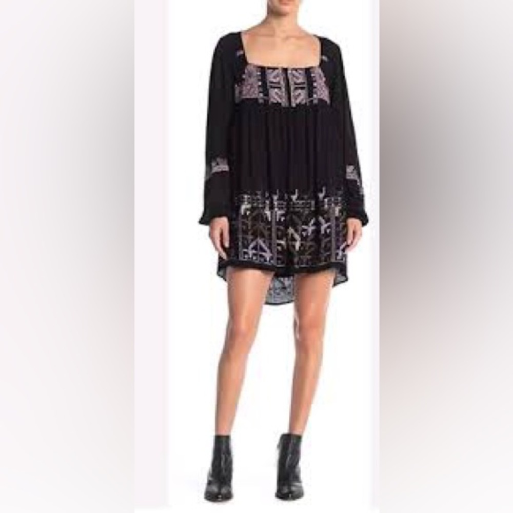 Free People Rhiannon Embroidered Mini Dress Black